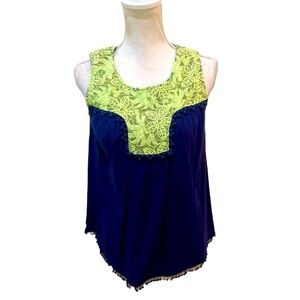 Umgee USA navy cotton crinkle & Pom poms contrast chartreuse lace inset medium